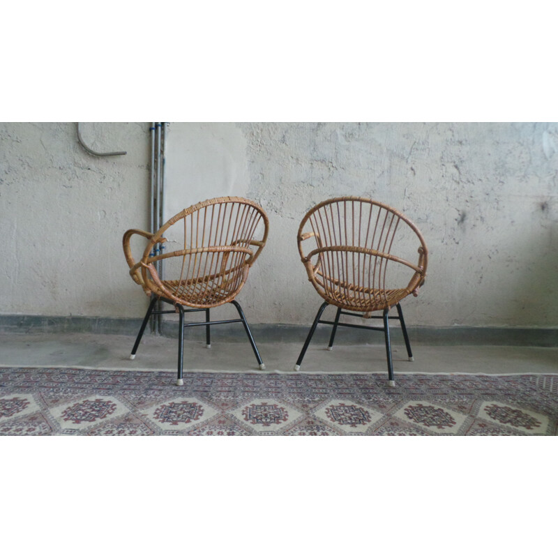 Ensemble de 2 fauteuils vintage en rotin par Rohe Noordwolde, 1960