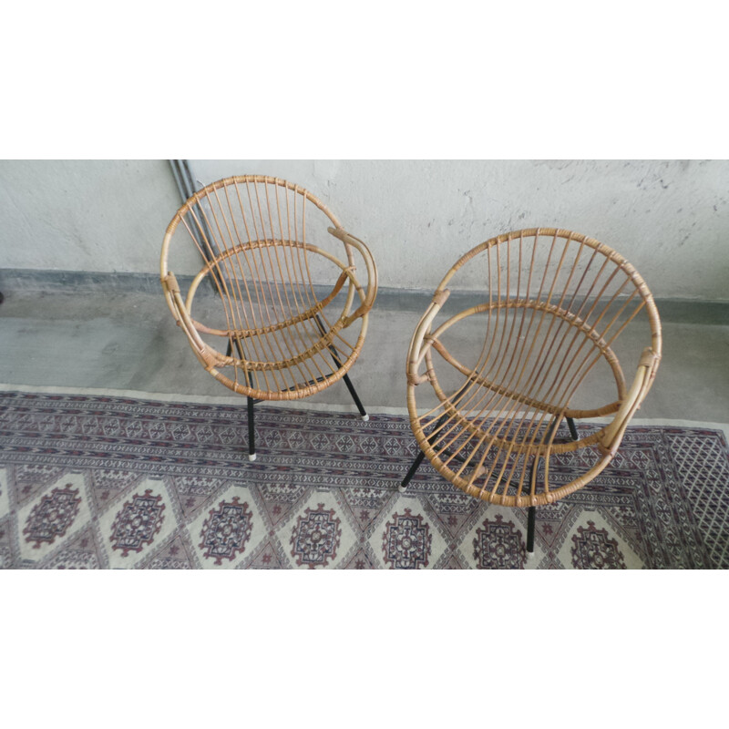 Set of 2 vintage rattan armchairs by Rohe Noordwolde, 1960s