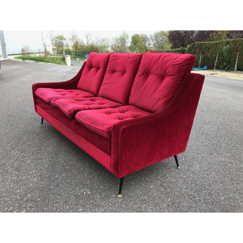 Vintage red velvet sofa, 1950s 