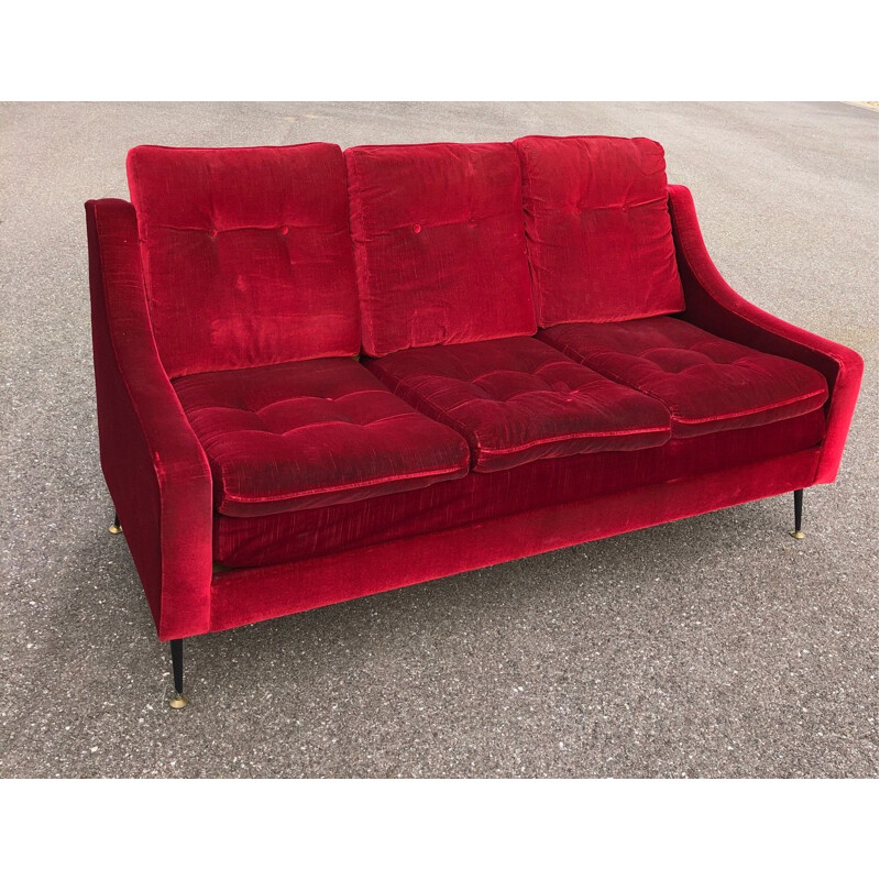 Vintage red velvet sofa, 1950s 