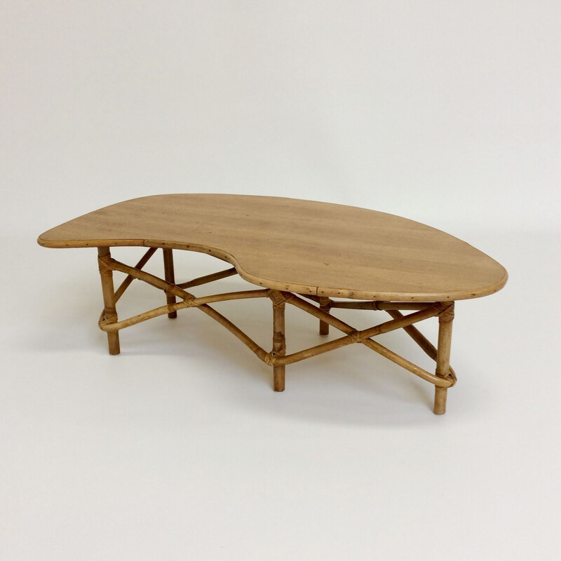 Vintage bamboo and oak coffee table, France, 1950s