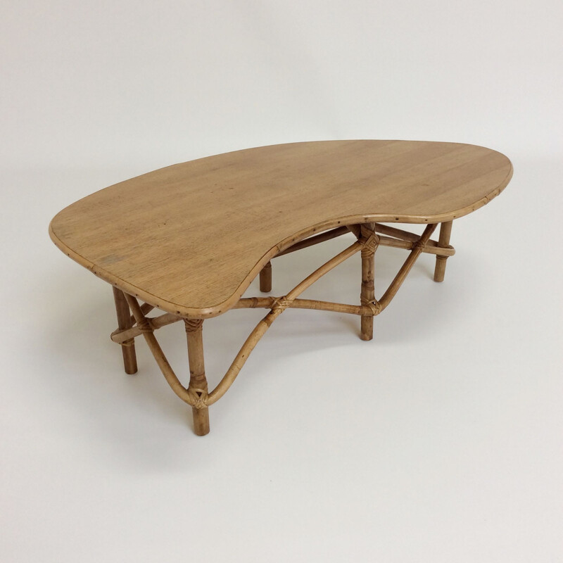 Vintage bamboo and oak coffee table, France, 1950s