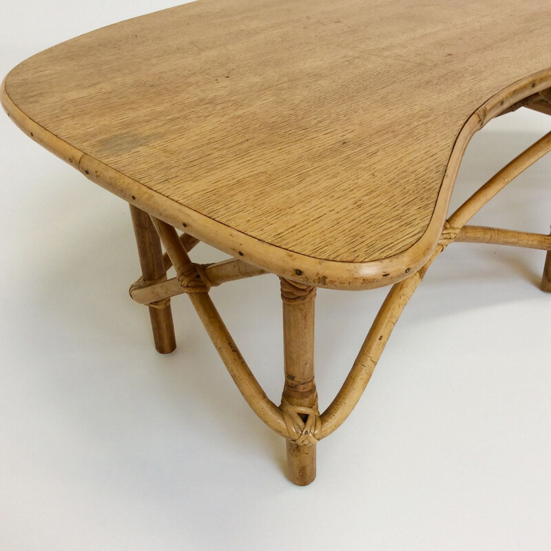 Vintage bamboo and oak coffee table, France, 1950s