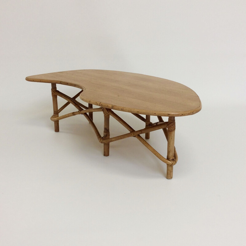 Vintage bamboo and oak coffee table, France, 1950s