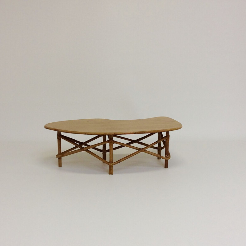 Vintage bamboo and oak coffee table, France, 1950s