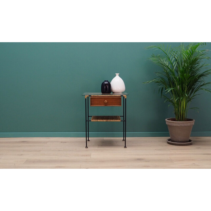 Vintage wooden and rattan bed table, 1960-70s