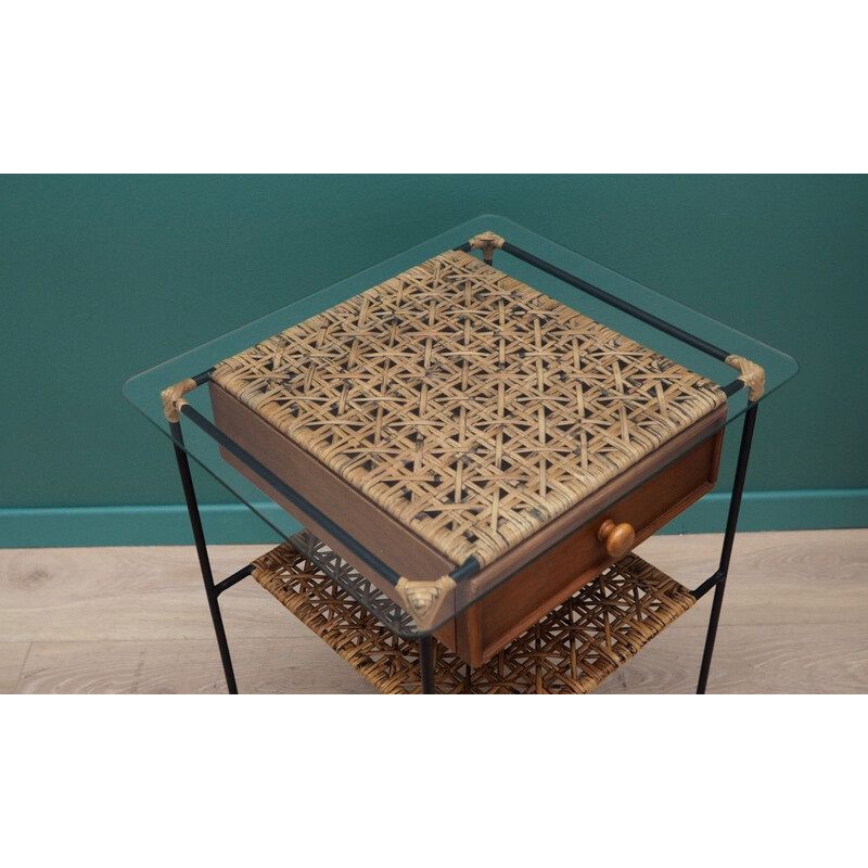 Table de chevet vintage en bois et rotin, 1960-70
