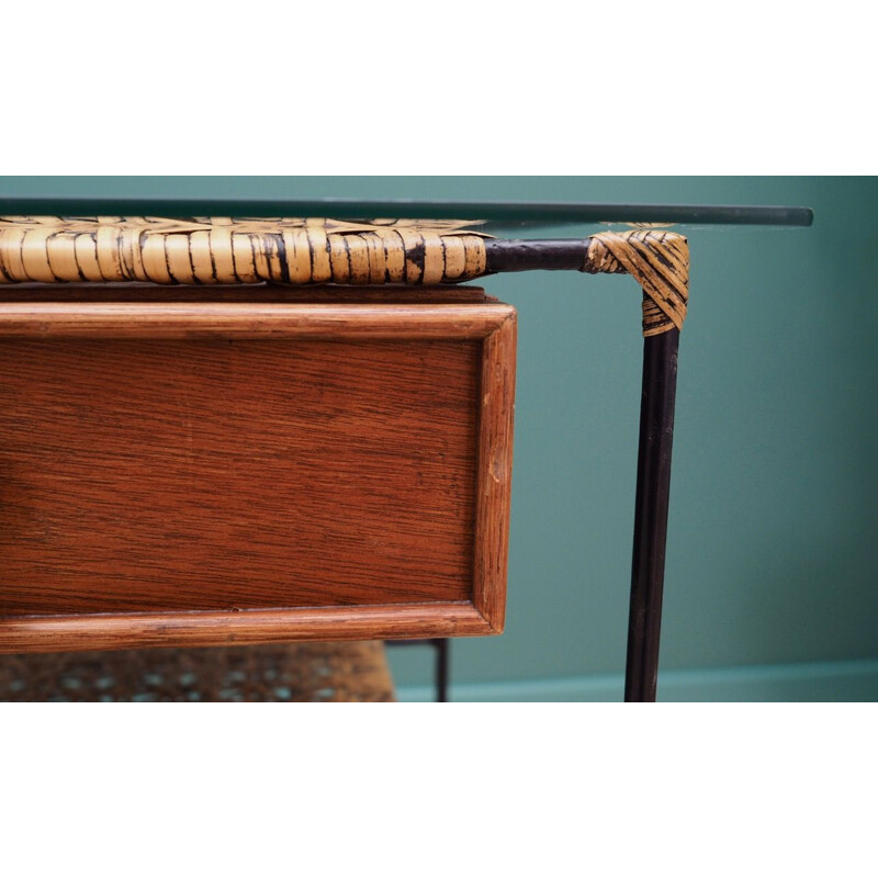 Vintage wooden and rattan bed table, 1960-70s