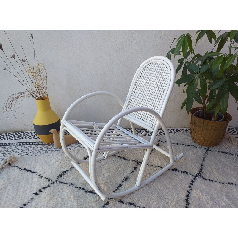 Vintage rocking chair in white rattan, 1970s