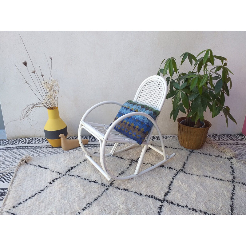 Vintage rocking chair in white rattan, 1970s