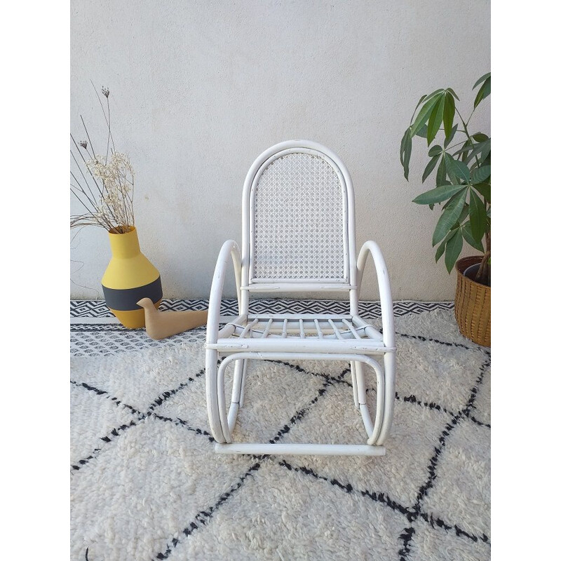 Chaise à bascule vintage en rotin blanc, 1970