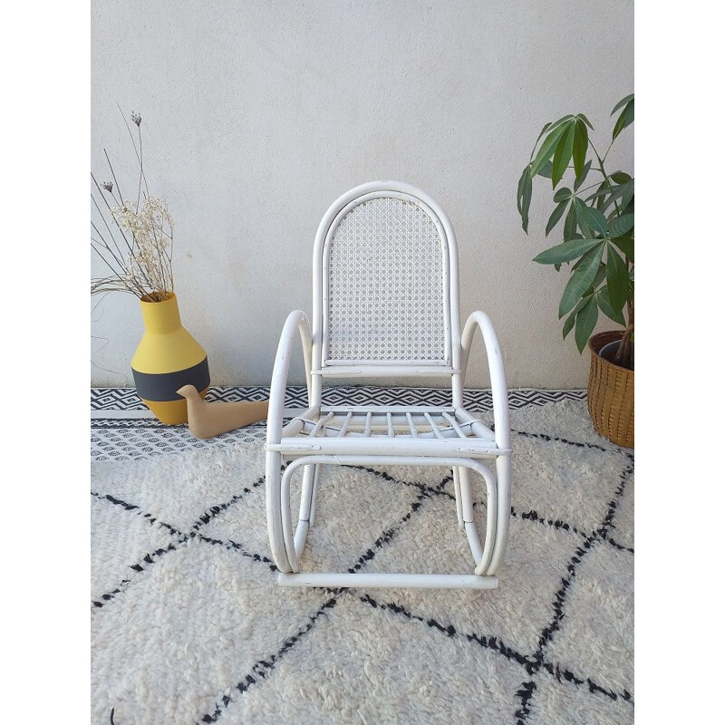 Vintage rocking chair in white rattan, 1970s