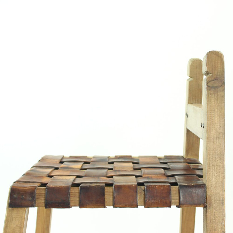 Vintage Barhocker aus Holz und Leder, Tschechoslowakei, 50