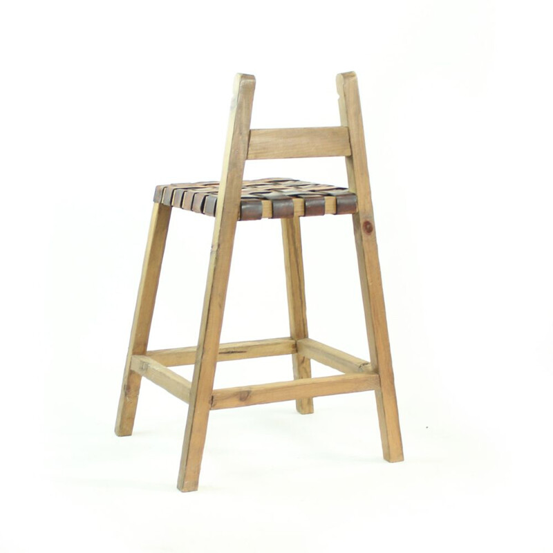 Vintage bar stool in wood and leather, Czechoslovakia, 1950s