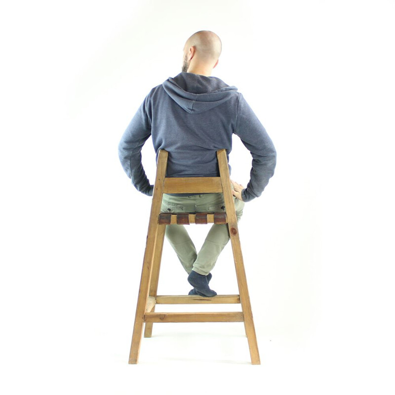 Vintage bar stool in wood and leather, Czechoslovakia, 1950s