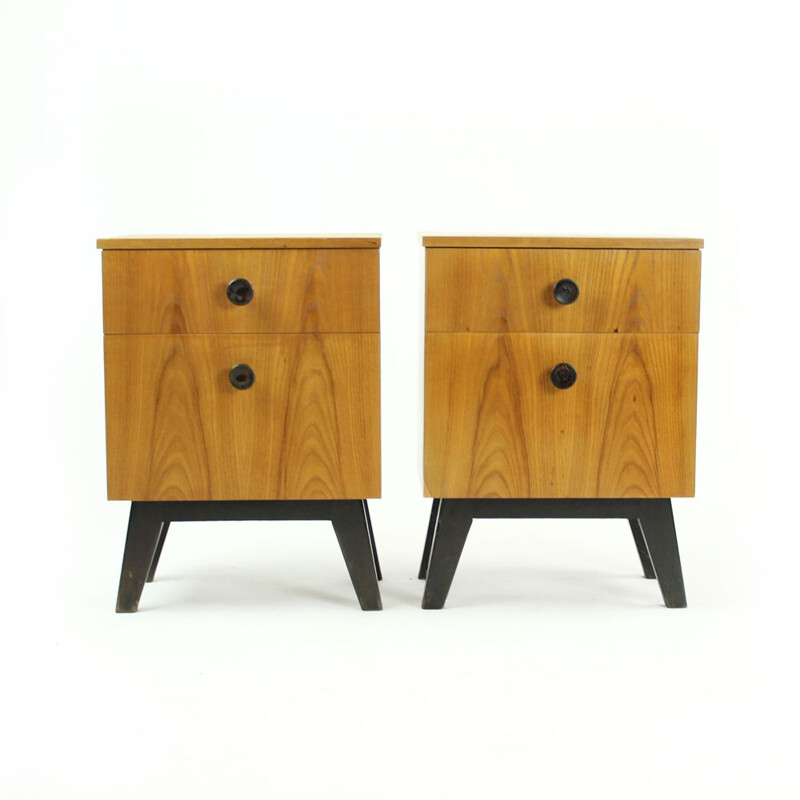 Set of 2 vintage oak bedside tables, Czechoslovakia, 1960s