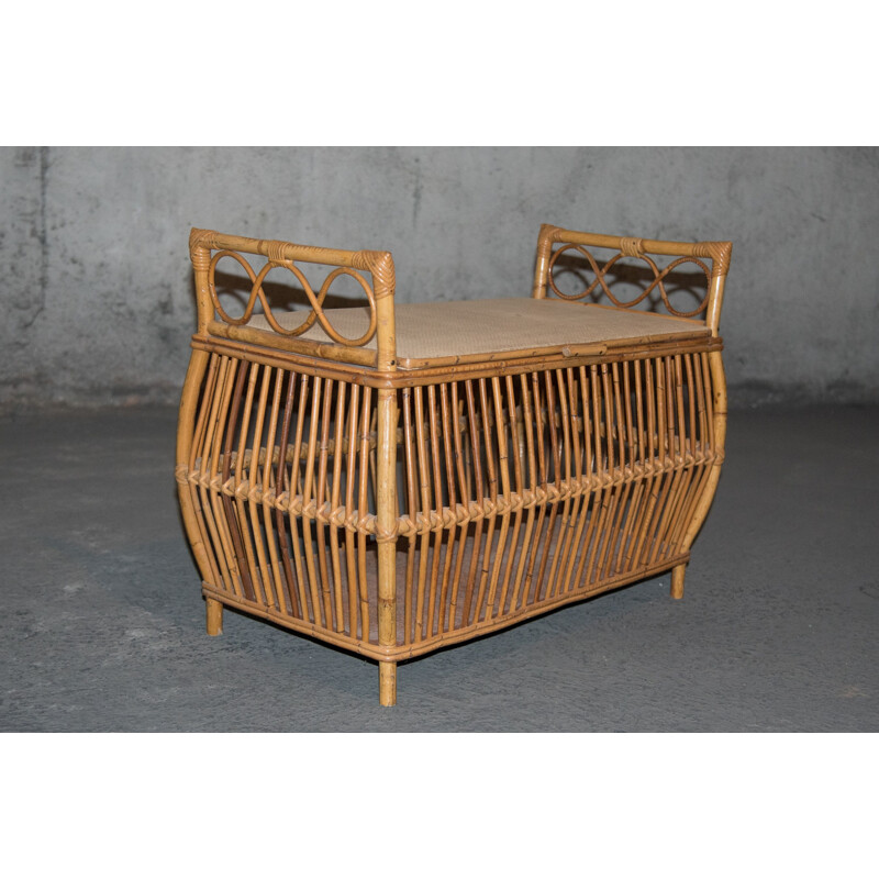 Vintage bench-chest in rattan, wicker and skai, 1950s