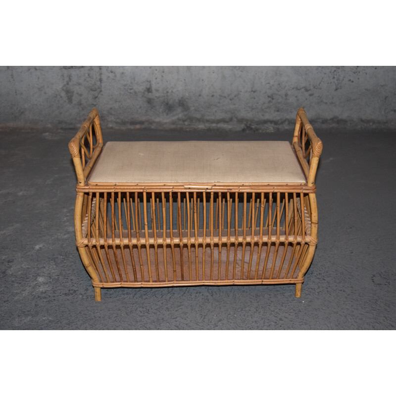 Vintage bench-chest in rattan, wicker and skai, 1950s