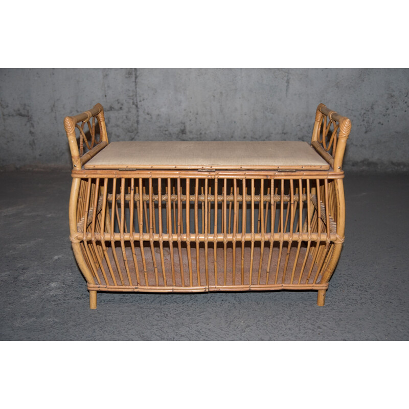 Vintage bench-chest in rattan, wicker and skai, 1950s