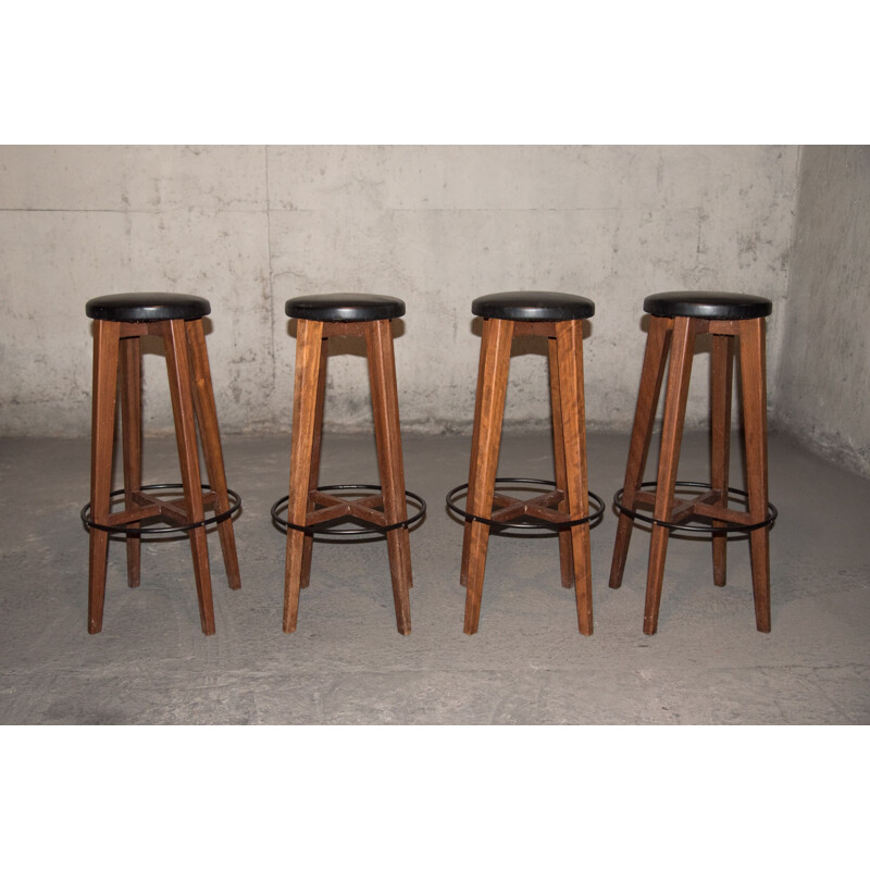 Set of 4 wooden vintage bistro stools, 1960s