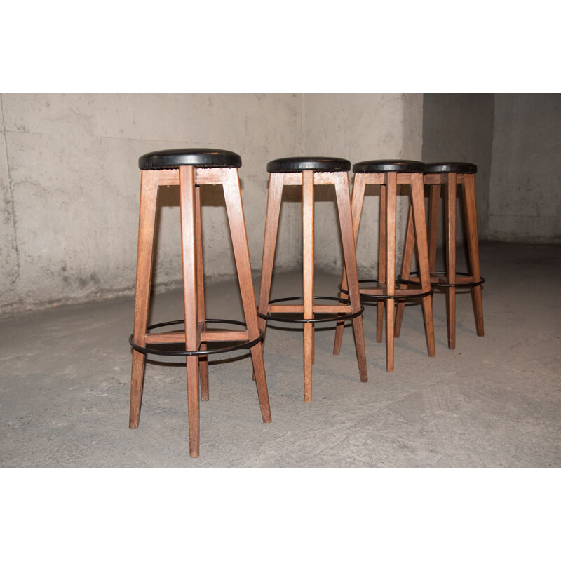 Set of 4 wooden vintage bistro stools, 1960s