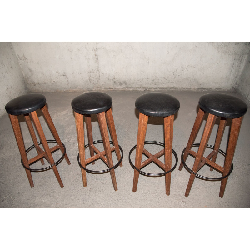 Set of 4 wooden vintage bistro stools, 1960s