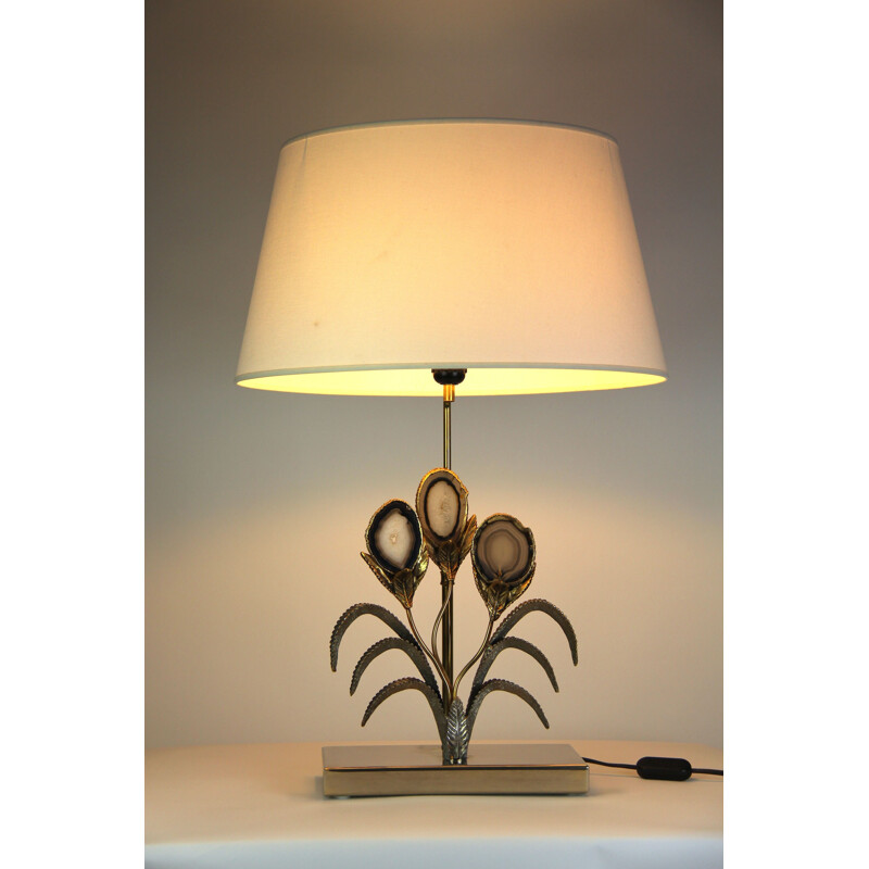 Vintage agate stone and brass lamp by Willy Daro