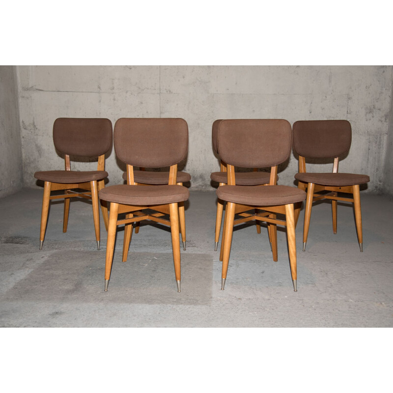 Set of 6 vintage chairs in beech and wool, 1950-60s