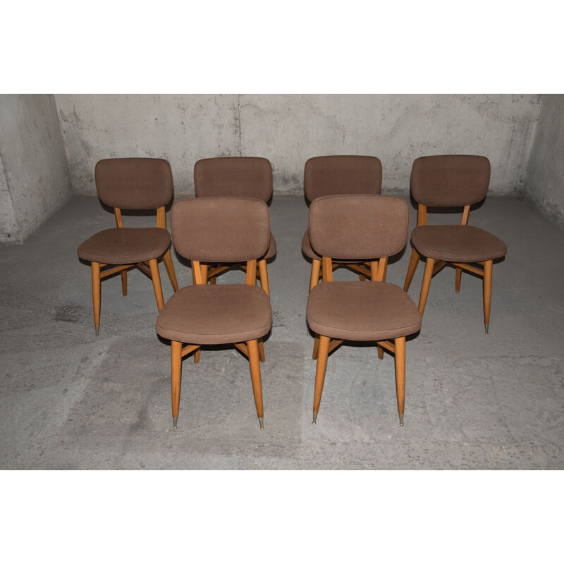 Ensemble de 6 chaises vintage en hêtre et laine, 1950-60
