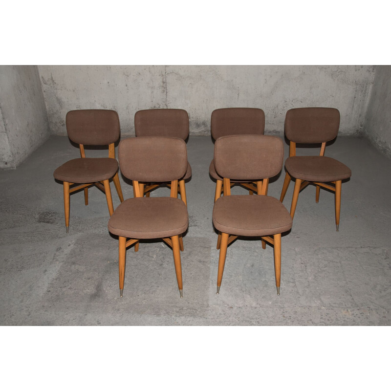 Set of 6 vintage chairs in beech and wool, 1950-60s