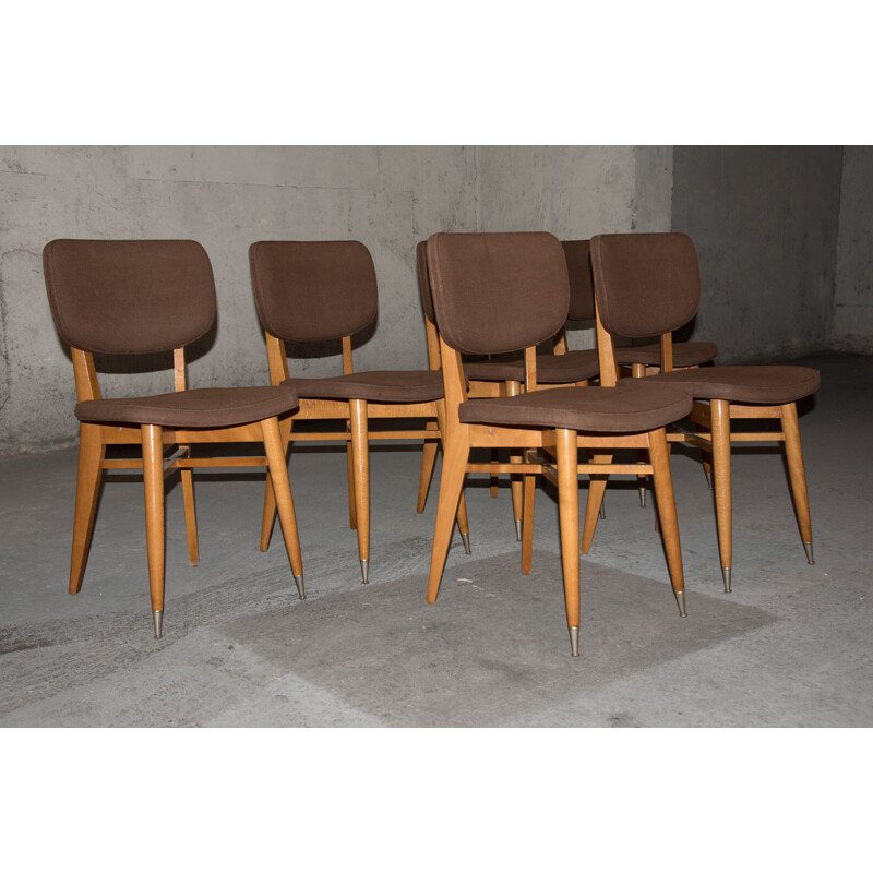 Set of 6 vintage chairs in beech and wool, 1950-60s