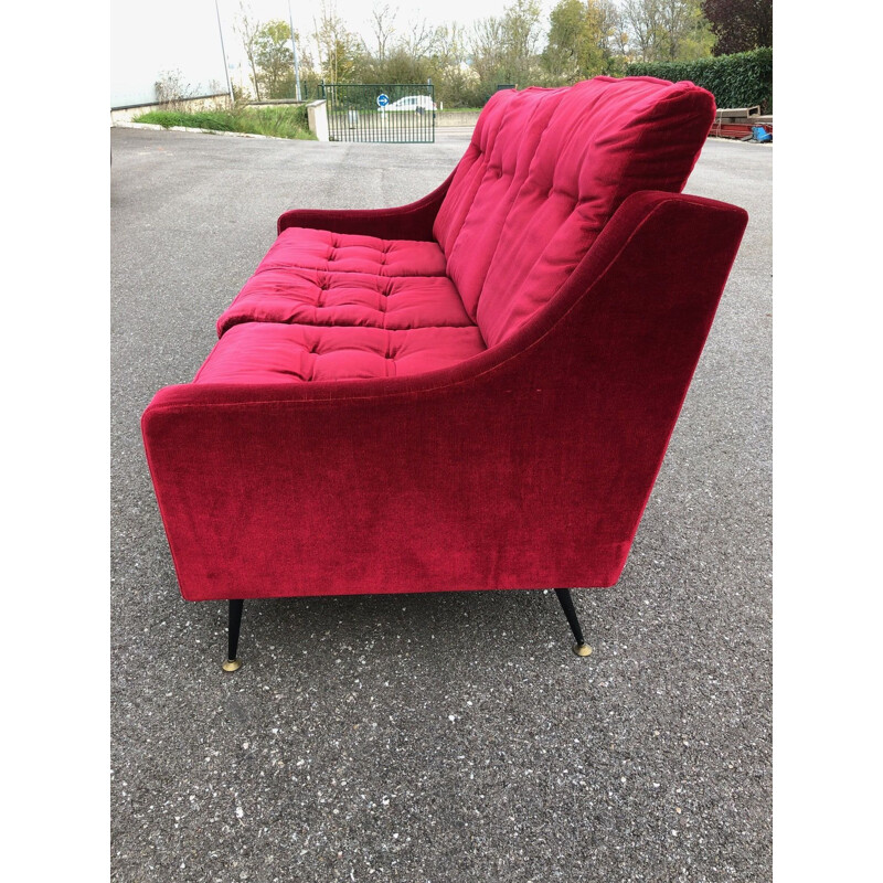 Vintage red velvet sofa, 1950s 