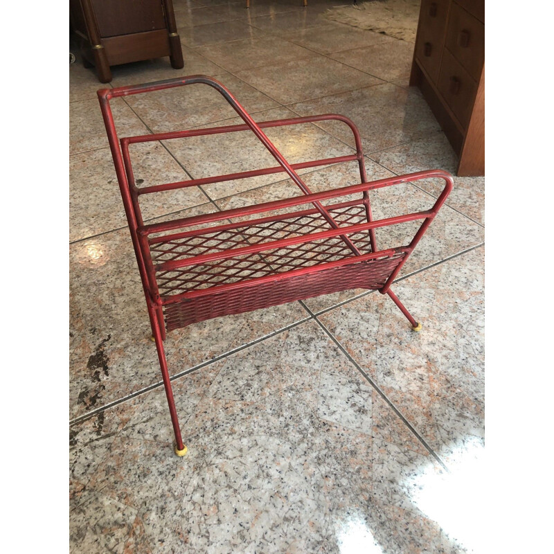 Vintage red metal magazine rack 1950