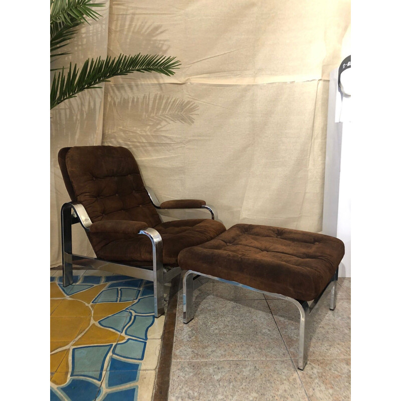 Armchair and Ottoman vintage set in chocolate suede, 1970s