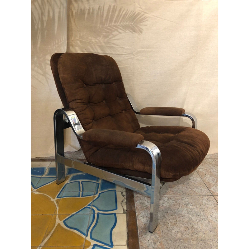 Armchair and Ottoman vintage set in chocolate suede, 1970s