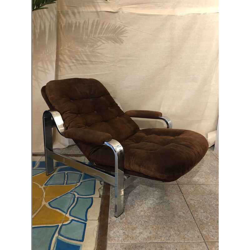 Armchair and Ottoman vintage set in chocolate suede, 1970s