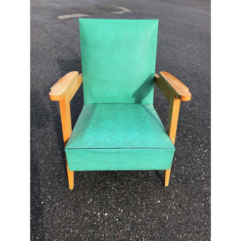 Vintage armchair in skai and oak with compass feet, 1950s