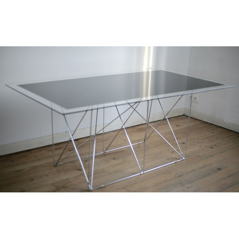 Table vintage en acier et verre "dining table" de Max Sauze, France 1970