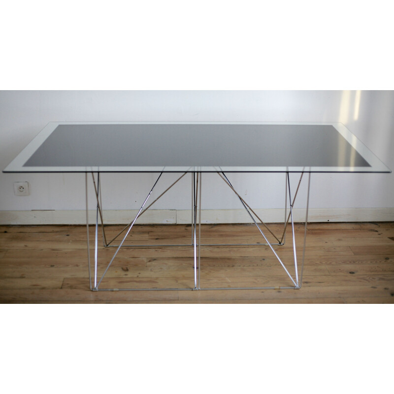 Mesa de comedor" vintage de acero y cristal de Max Sauze, Francia 1970