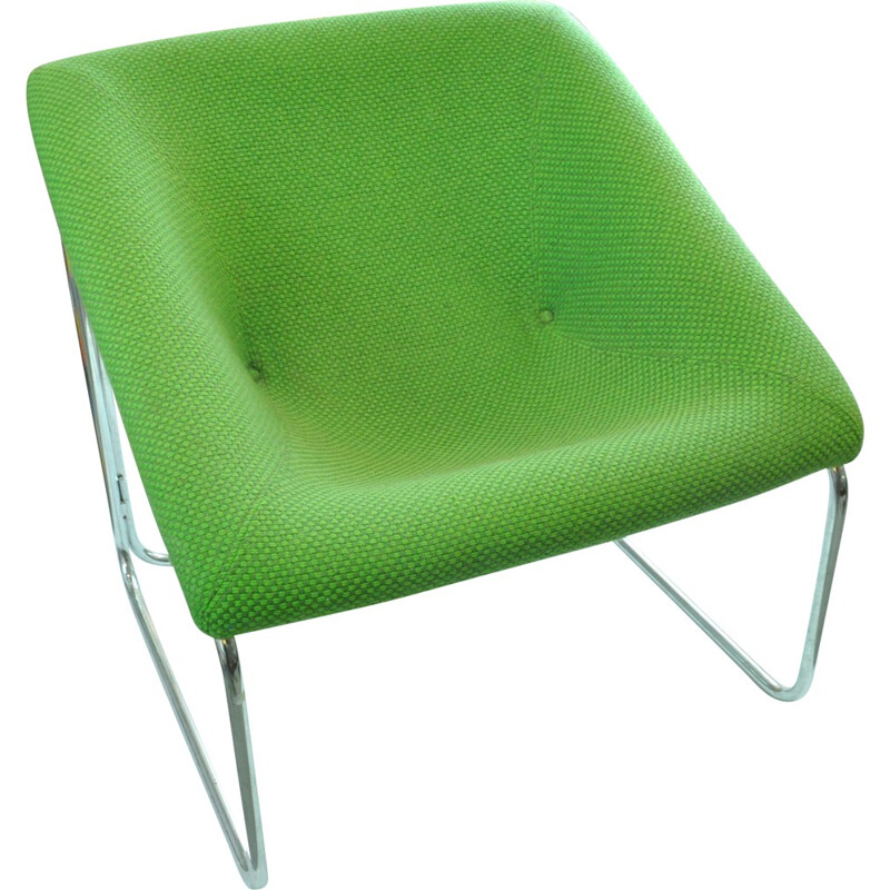 Vintage green armchair in steel and wool - 1970s