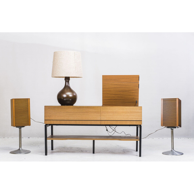 Vintage teak music sideboard with radio and gramophone, 1960