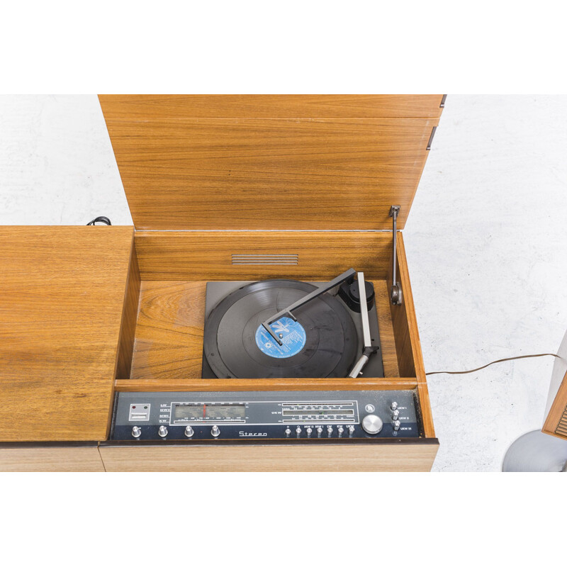 Vintage teak music sideboard with radio and gramophone, 1960