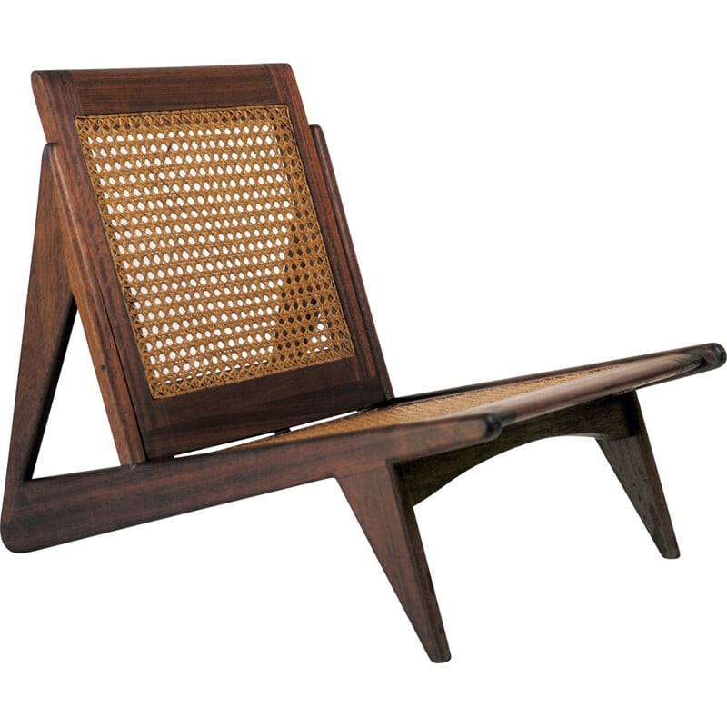 Vintage low chair in massif mahogany and canework - 1950s