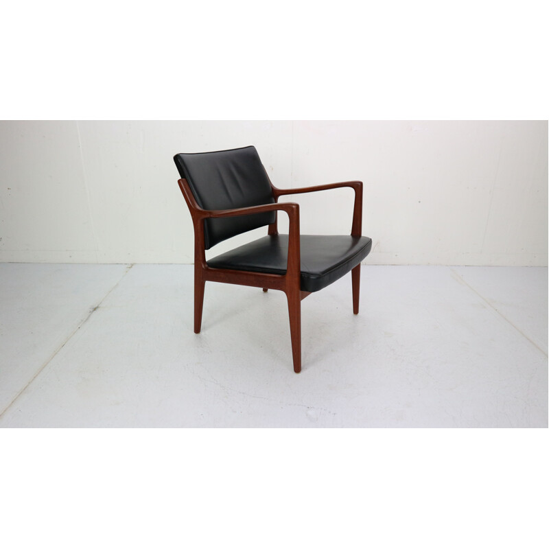 Teak and Black leather scandinavian vintage armchair by K. E. Ekselius, 1960s