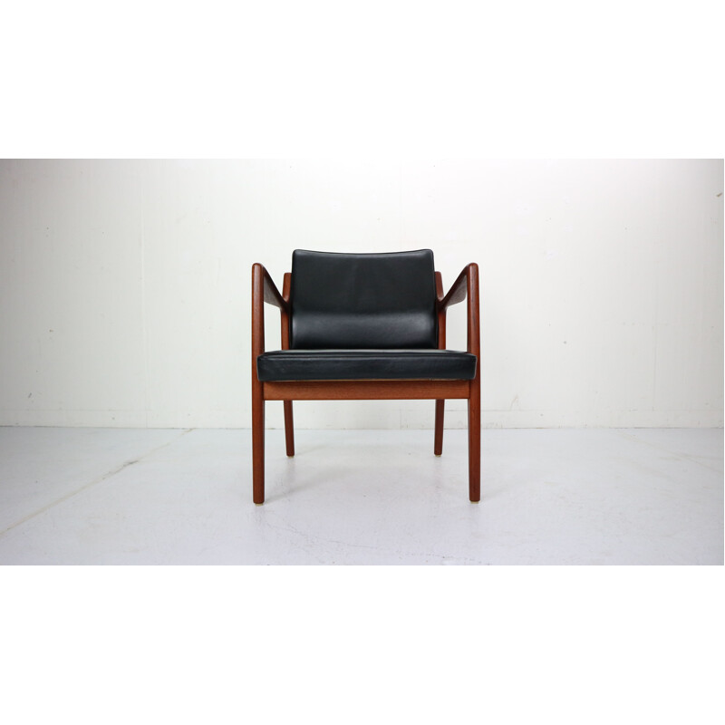 Teak and Black leather scandinavian vintage armchair by K. E. Ekselius, 1960s