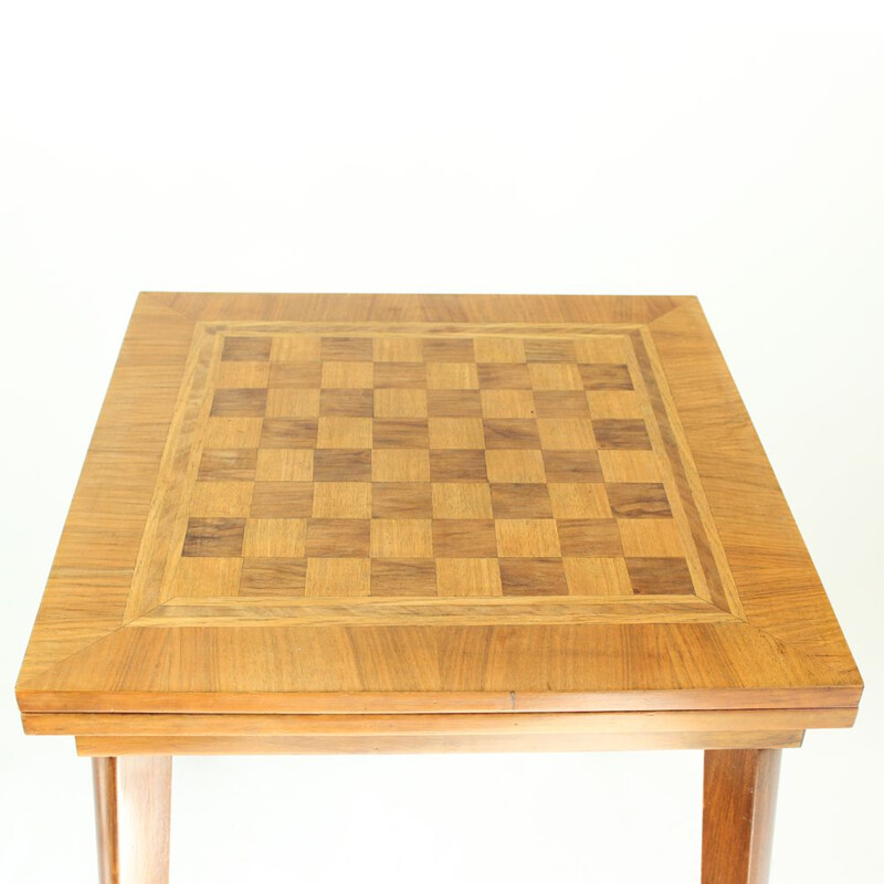 Vintage coffee table with chess top board  and full chess set, Czechoslovakia 1940s