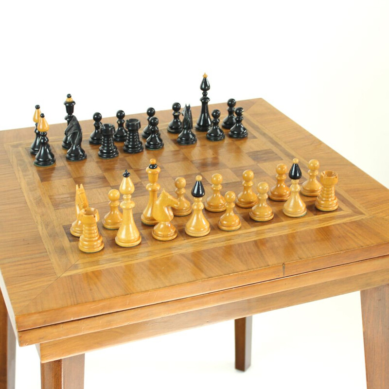 Vintage coffee table with chess top board  and full chess set, Czechoslovakia 1940s