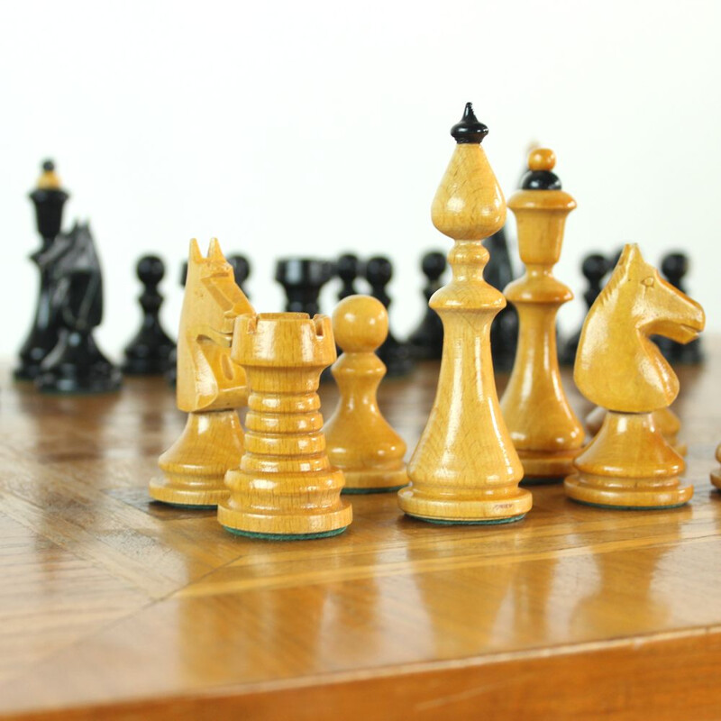 Vintage coffee table with chess top board  and full chess set, Czechoslovakia 1940s