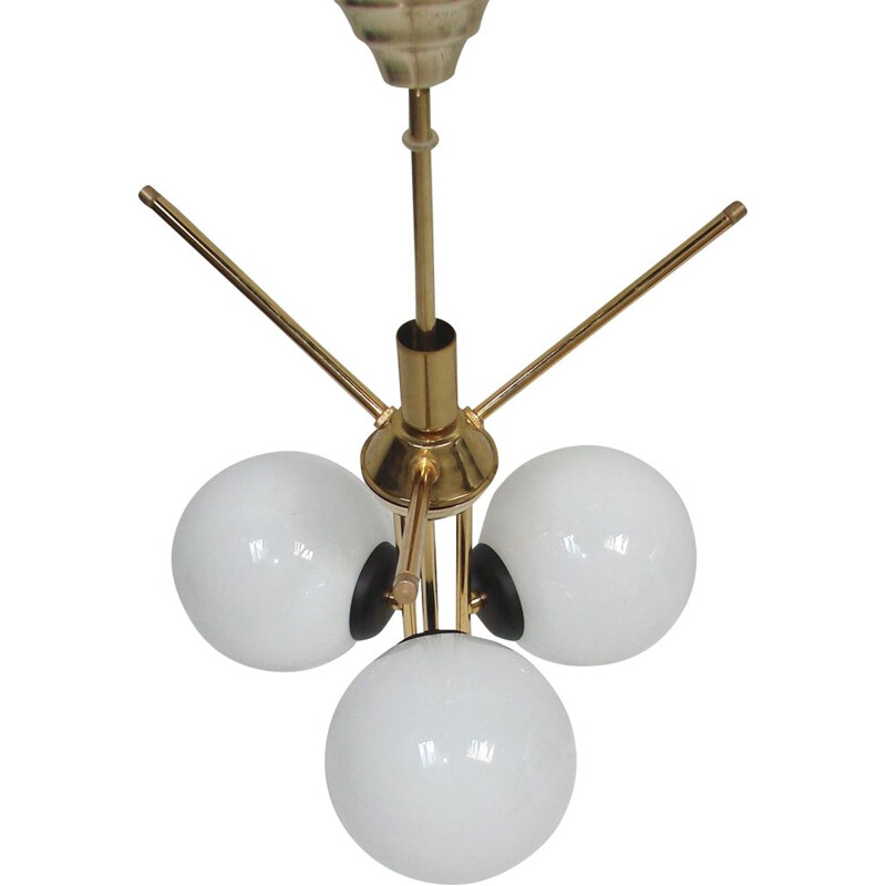 Vintage 3 globe chandelier in brass and metal, 1970