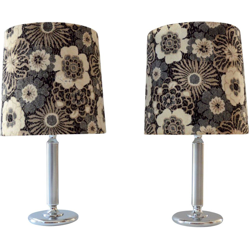 Pair of large vintage table lamps in flowered velvet 1970 